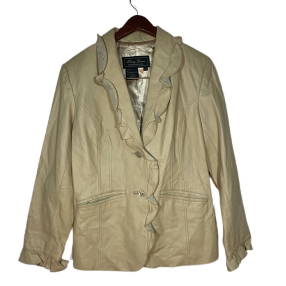 Terry Lewis Classic Luxuries Ruffle Genuine Leather Jacket Blazer M Beige